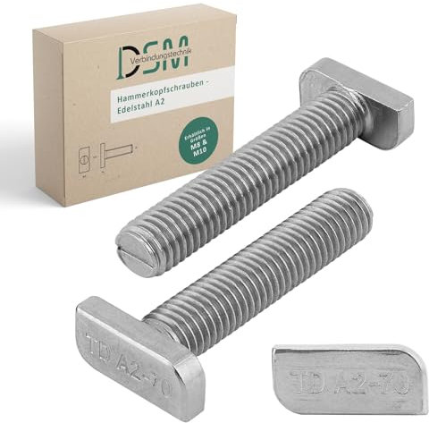 DSM – Hammerkopfschrauben M8 x 25 mm – Edelstahl A2-70, rostfrei – Typ 28/15 – für Montageschienen, Photovoltaik, Solarmodule, PV-Halterungen, C-Profile, Solarmontage und Gewächshäuser, 25 Stück