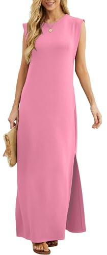 GRECERELLE Robe maxi d'été pour femmes, robes chemises décontractées, styles élégants, robes maxi basiques sans manches pour femmes UK avec fente et poches, rose rouge, S