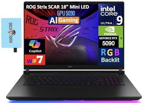 ASUS ROG Strix Scar 18 AI Gaming Laptop 18 240Hz Mini LED WQXGA Display (Intel Ultra 9-275HX, GeForce RTX 5090 24GB, 64GB DDR5, 2TB PCIe SSD, RGB KB, Win 11 Pro) w/DKZ USB Port Expander