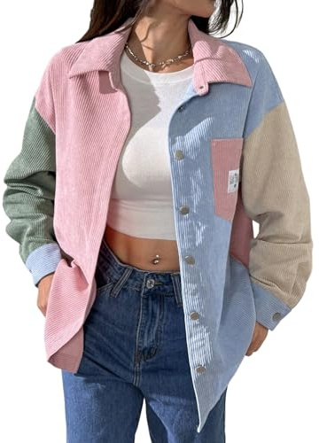 GORGLITTER Chemise élégante en velours côtelé pour femme - Manches longues - Boutonnée - Avec poches - Coupe ample - Veste de loisirs - Veste en velours côtelé avec boutons, Rose, XL