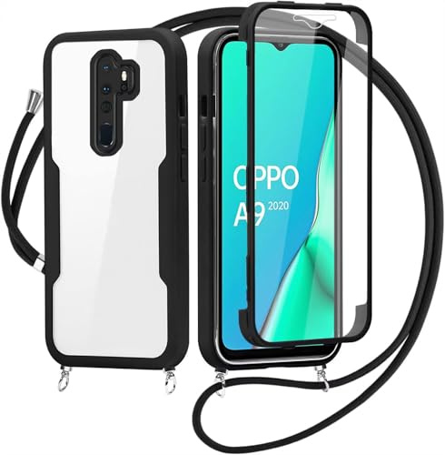 FERLAN Coque avec Cordon pour Oppo A9 2020/Oppo A5 2020, Collier Ajustable,Coque Antichoc Housse avec Protection écran, 360° Protection Case Robuste Double Bumper Etui Intégrale (Noir)