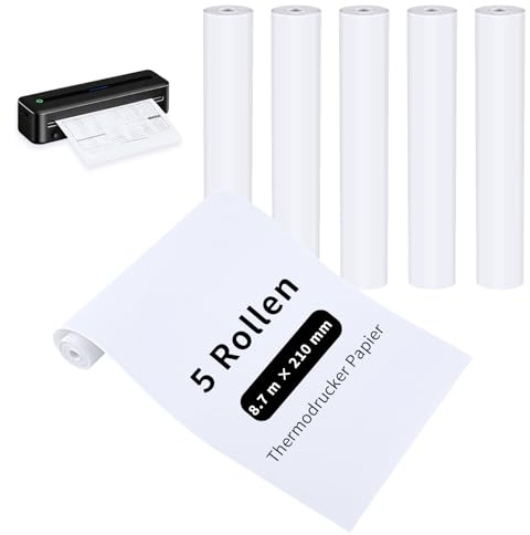 5 Rollos Papel Térmico A4, 210 mm x 8,7 m, para Impresora Portátil | Sin tinta, impresión nítida, resistente al aceite y abrasión, para documentos, fotos y facturas