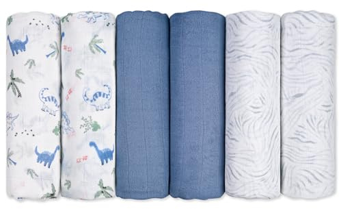 GLLQUEN BABY Muslin Squares Cloth for Baby 6pack 70cm x 70cm | Cotton Burp Cloths for Newborn, Absorbent & Breathable and Ideal to Clean, Wipe & Cover Newborns(Little Dino's Blue Forest)