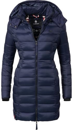 MARIKOO Damen Langer Wintermantel Warmer Steppmantel mit Abnehmbarer Kapuze Abendsternchen Blau Gr. XL
