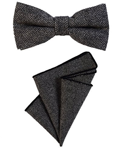 DonDon Herren Fliege 12 x 6 cm mit farblich passendem Einstecktuch 23 x 23 cm beides aus Baumwolle im Tweed Look schwarz grau kariert