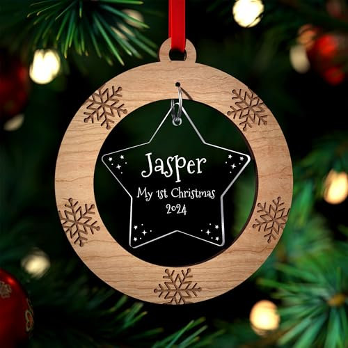 PERSONALISED First Christmas Dog/Cat (any pet) Xmas Tree Decoration Bauble Ornament Gifts - Cherry Veneer and Acrylic Engraved Christmas Tree Ornament - Keepsake Christmas Gifts Presents