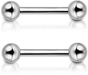 PiercingJ 2pcs Grade 23 Titanium 14G 14mm / 16mm Bar Nipple Tongue Ring Straight Barbell Nipple Rings Body Piercing Jewelry