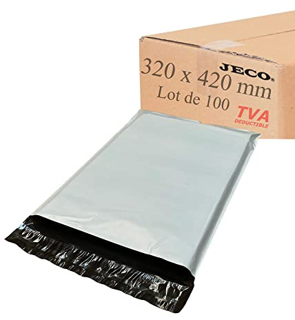 Jeco - Lot de 100 enveloppes plastique d'expédition opaques 320 x 420 mm, pochettes plastifiées VAD 32x42cm 50 microns. Légère, solide, inviolable et imperméable