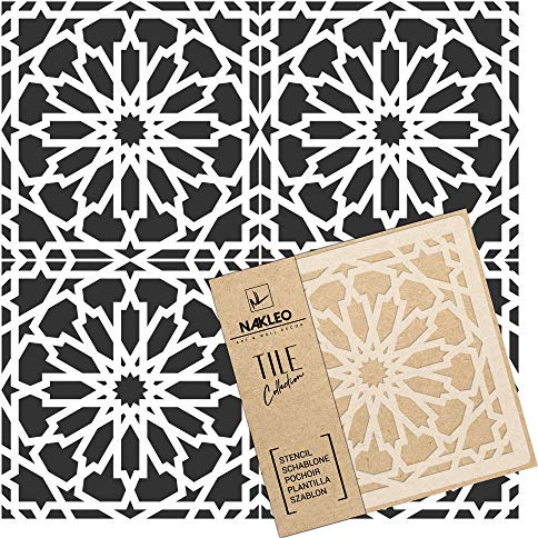 NAKLEO Pochoir à Carreaux pour Peinture 33x33cm, Modèle en Plastique et Réutilisable, Vilar Espagnol Mauresque Étoile Marocain, DIY Bricolage Décoration, Pavé Blocs Béton Sol Mur