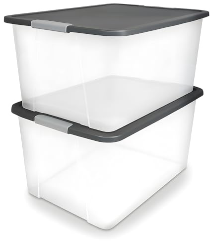 HOMZ 2-Pack Secure Latch, Clear Plastic Storage Organizer Bins, 64 Quart, Gray Lid - Heavy-Duty Container Boxes with Lids for Home, Office, and Garage