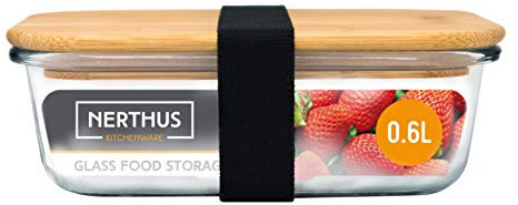 NERTHUS Boîte Hermétique en Verre Bambou Couvercle 600 ML, Borosilicate, Fih 721