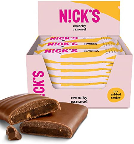 NICKS Barre Keto Crunchy caramel, Chocolat au Lait et Éclats de Caramel et Amandes Sans Sucre Ajouté 88 Calories 2 Glucides Nets Low Carb Bonbons Sans Gluten (21 Barres x 28g)