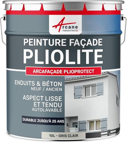Peinture façade pliolite pour mur extérieur, crépi - Peinture Hydrofuge Solvantée - ARCAFACADE PLIOPROTECT 10 L (+ ou - 80 m² en 1 couche) - Blanc Gris - RAL 9002 - ARCANE INDUSTRIES
