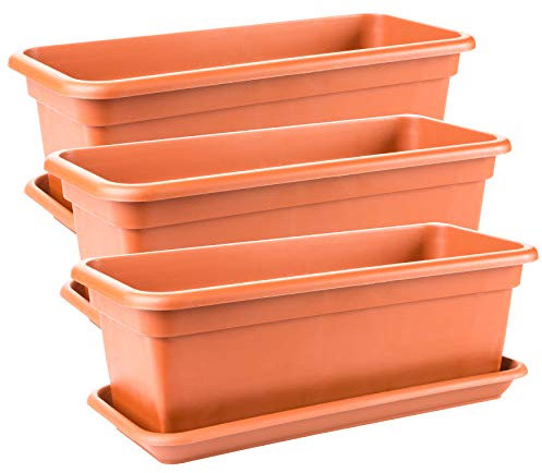 Blumenkasten mit Untersetzer 40 cm 3 Stück, Balkonkasten eckig Balkon, Terracotta, hochwertiger Kunststoff, Made in EU
