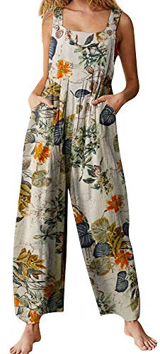 YILEEGOO Women Overalls Dungarees Cotton Linen Long Bib Pants Wide Leg Baggy Ethnic Jumpsuits Playsuit with Pockets (Yellow Floral, X-Large)