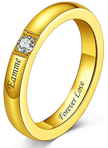 Custom4U Personalisierter Geburtsstein Fingerring Gold für Damen Frauen mit Namegravur Edelstahl 3mm breit Zirkonia Bandring für Partnerring Freundschaftsring Ringgröße 54.4(17.25)