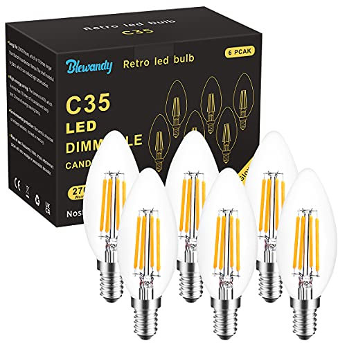 Blewandy E14 Kerze LED Lampe, 4W Dimmbar Glühbirne Ersetzt 40W Halogenlampe, 400 Lumen 2700K Warmweiß, Hohe Farbwiedergabe, 6er Pack E14 Birne Classic für Kronleuchter