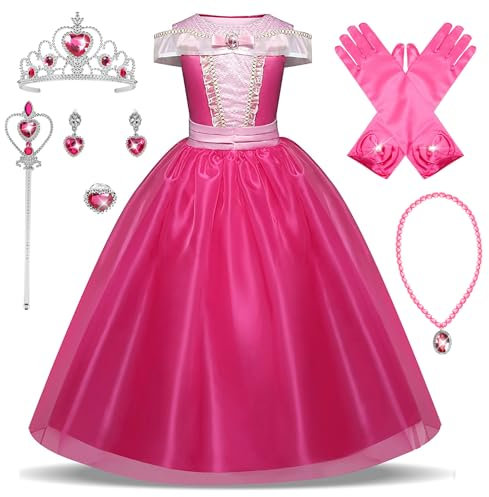 New front Fille La Belle au Bois Dormant Robe de Princesse Aurore Accessoires Baguette Couronne Bague Collier Déguisement Tulle Maxi Noël Carnaval Halloween Cosplay Robe de Soirée,Rose foncé,140