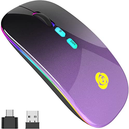 Raton Inalambrico, Ratón Bluetooth LED, Raton Inalambrico Silencioso con Receptor USB de 2,4 GHz y Tipo C, 7 Colores, 3 dpi (800/1200/1600), Compatible con iPad/PC/Mac/Windows