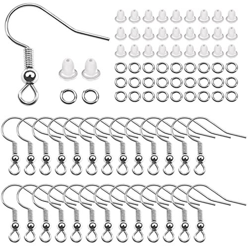 TOAOB 300pcs Silver Earrings Hooks Hypoallergenic Ear Wire Fish Hook Earring with Spring Ball with Clear Rubber Safety Backs and Jump Rings for DIY Jewelry Making