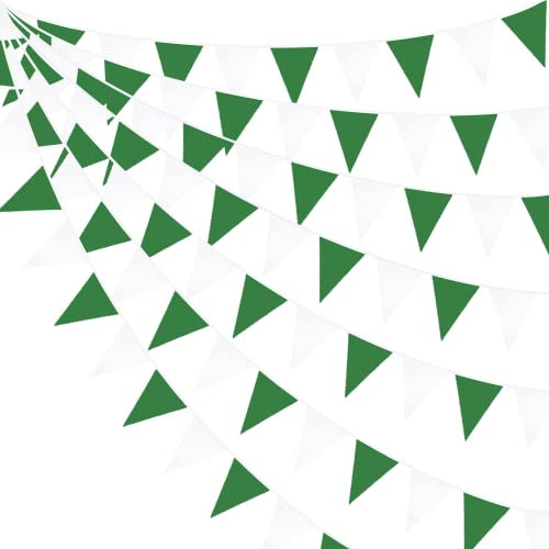 32Ft Wimpelkette Grün und Weiß Banner Party Dekorationen Dreieck Flagge Stoff Wimpel Girlande für Weihnachten Hochzeit Geburtstag Zuhause Kindergarten Outdoor Garten Hängende Festivals Dekoration