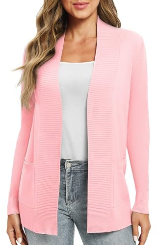 EXCHIC Donna Casuale Manica Lunga Lavorare a Maglia Cardigan Leggero Comodo Fronte Aperto Maglioni Lunghi con Tasche(S, Rosa)