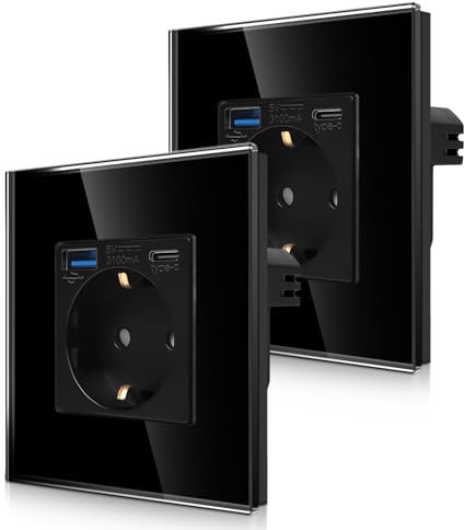 2er-Pack CNBINGO Einzelsteckdose mit 2× USB-Anschluss (20W Schnellladen) - 1× (Typ-C und USB-A) - Einfach Glas Schuko Steckdose Unterputz - Schwarz Wandsteckdose mit Kindersicherung