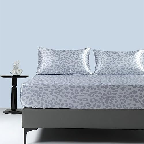 Spannbettlaken 160x200cm Satin Boxspringbett Leopardenmuster Sommer Blau Hellblau Bettlaken Satin Glänzend Seide Muster Spannbetttuch 160 x 200 Spannbetttücher Leintuch für Hohe Matratze bis 25-30 cm