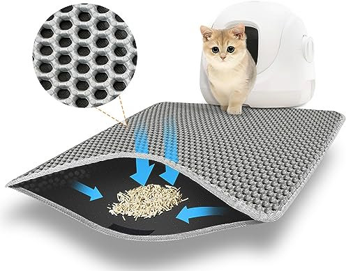 AJOXEL Cat Litter Mat, 60 x 45 cm Big Litter Tray, Double Layer Waterproof Cat Litter Trap, Honeycomb Design, Non-Toxic, Nonslip Grey