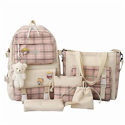 5Pcs Canvas School Backpack Combo Set, Large Capacity Plaid Backpack Set, Cute Aesthetic Children Schoolbag with Pin and Pendant, Check Handle Shoulder Tote Bag Schoolbag (B)