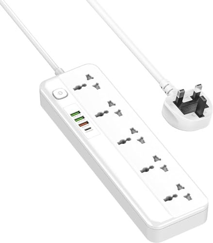 XINGHE Universal Extension Lead|Universal Power Strip with Usb Slots|2m Extension Cable|5 Universal Sockets | Surge Protector | 4 USB Ports (1xUSB-C PD 20W | 1xUSB-A QC 18W) |Child Safe Door