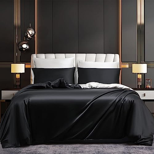 Housse de Couette Satin 220x240 Noir Blanc Adulte 2 Personnes Satinée Parure Linge de lit Noire Blanche Uni Soie Lisse Soyeux Brillant Modern Housse Couette Ensemble Literie avec Fermeture éclair