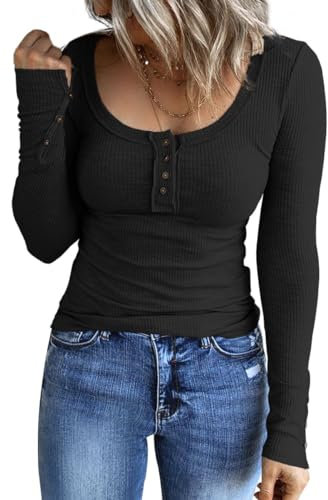 Shen&Qege Damen-Langarmhemden, lässig, Herbst, Henley-Oberteil, Button-Down-Blusen, Basic-T-Shirts aus Rippstrick