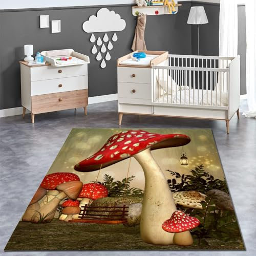 Kurzflor Teppich 3D Pilz Teppich Matten rutschfeste FußMatte Märchen, Traum Muster Kinder Spielteppiche FüR Schlafzimmer Flur Wohnzimmer Boden Teppich 180x240 cm