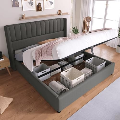 Boxspringbett Stauraumbett Polsterbett 140*200CM, Bett mit Lattenrost aus Metallrahmen & Bettkasten, Hydraulisch Doppelbett mit Großer Stauraum & höhenverstellbares Kopfteil (Ohne Matratze, Grau)