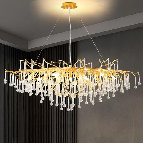 Leomix Moderne Raindrop Baum Zweig Kronleuchter, 100Cm Rechteck Gold Raindrop Indoor Hängende Pendelleuchte Für Esszimmer, Wohnzimmer Foyer