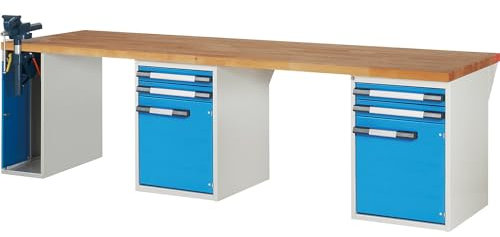 eurokraft | Werkbank | Baukastensystem Serie 7000 | 4 Schubladen | 2 Türen | 1 Schraubstock linksseitig | BxT 3000 x 900 mm