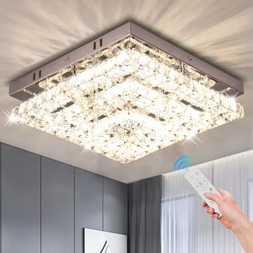 Cainjiazh Kristallen kroonluchters Kristallen LED Plafondlamp 11.8 “Square Flush Mount Moderne kroonluchter plafondverlichting armaturen voor slaapkamer eetkamer hal Dimbaar met afstandsbediening