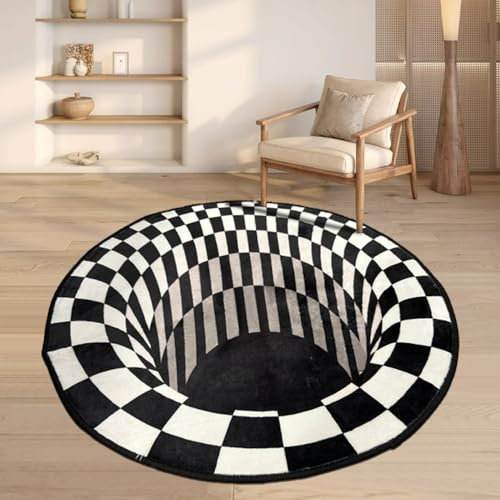 Nyescasa Teppich 3D Runder Kurzflor Optische Täuschung Illusions Teppich Rutschfester Vortex Carpet Schwarz-weiße Kariert Bodenmatte Fußmatte Für Wohnzimmer Schlafzimmer Küchenboden Flur 100CM