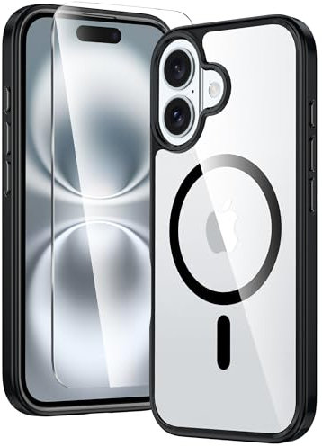 FNTCASE for iPhone 16 Case: Clear Magnetic Military Grade Drop Protection Anti Yellowing Slim Case - Rugged Shockproof Protective Transparent Cell Phone Cover(Black)