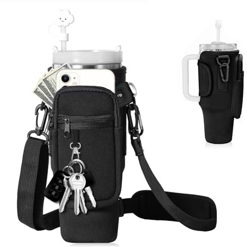 Water Bottle Carrier Bag, Water Bottle Holder with Clouds Straw Cover for 40oz Stanley Cup, Water Bottle Pouch with Adjustable Shoulder Strap & Phone Pocket for Travel Walking Hiking Gym (Black)
