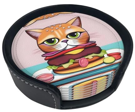 Burger Pussycat Untersetzer 6er Set mit Aufbewahrungsbox für Couchtisch, Bars, Tassen, Gläser und Bierkrüge