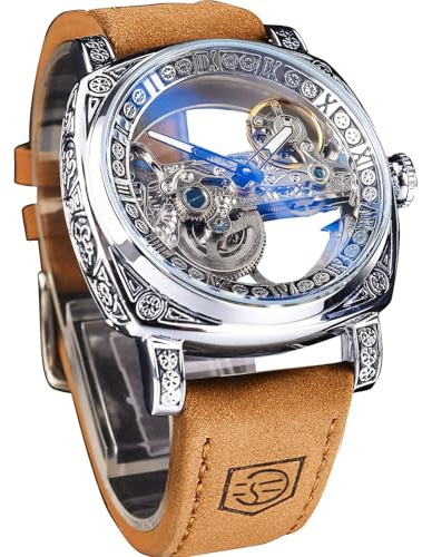 FORSINING Fancy Uhren für Männer, quadratische Retro mechanische Uhr Self-Wind geschnitzt, Gear Uhrwerk Golden Skelett Automatische Uhren Vintage Lederarmband Armbanduhr