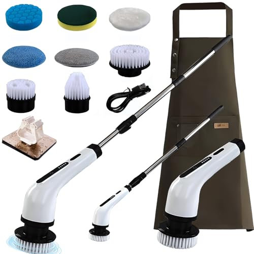 Electric Spin Scrubber, Cleaning Brush Scrubber Apron Hurricane Waterproof Cordless With 8 Replaceable Heads Power Bathroom Toilet Body Carpet Car Deck Floor Adjustable Handle House Drill Uxeus