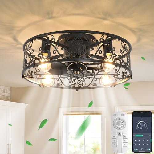 Ganeed Ventilador de Techo Enjaulado con Luces Iluminación de Techo de Estilo Industrial 51cm Lámpara de Montaje Empotrado de Techo de Perfil Bajo E27 con Mando a Distancia Negro 4 Luces