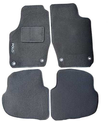 Rebeca Shop® Auto-Fußmatten für Polo 9N von 2001 bis 2009, aus schwarzem Teppichstoff, mit 4 Clips, gesticktes Logo, verstärkter Absatzschoner