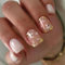 French Flase Nails Short Square Nude White Press on Nails with Flowers Gold Foil Designs Full Cover Natural Fit Glossy Acrylic Press ons for Women Daily Wear 24 Pcs