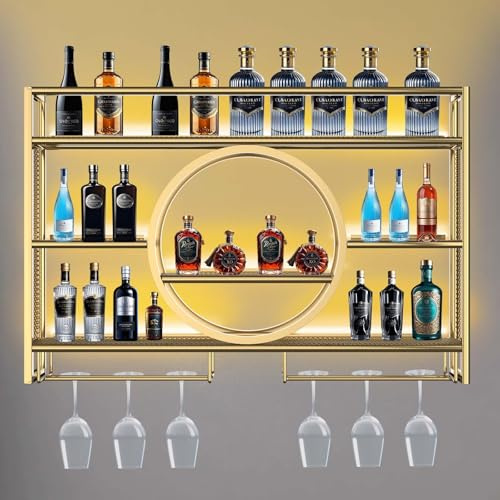 Metal Wine Rack Wall Mounted with LED Light, 3-Tier Bar Liquor Shelf with Wine Glass Holder, Modern Large Capacity Liquor Bottle Display Storage Shelf for Home Bar, Dining Room(Gold, 100*80*15)