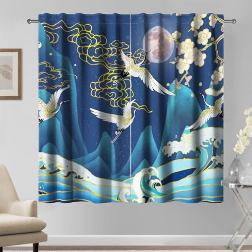 Kzzfqxb 2 Pannelli 140x229cm stile Giapponese Tende, Ukiyoe colline onde dorate gru bianche volano verso la Luna per finestre, decorazione orientale per cucina soggiorno camera da letto