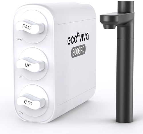 Ecoviva Untertisch Wasserfilter 800G 0.01µm Ultrafiltration | 0 Abwasser & stromlos | NSF Zertifiziert | Entfernt Schwermetalle | 9-Stufen | Schwarzer Wasserhahn